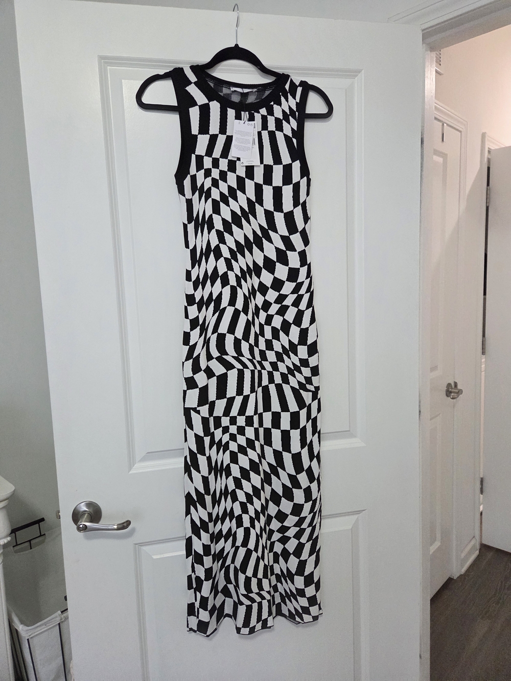 Mango Black and White Optical Checkerboard Maxi Dress
